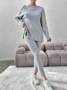 EURMUSE Drop Shoulder Tee & Leggings - Light Grey - View 4