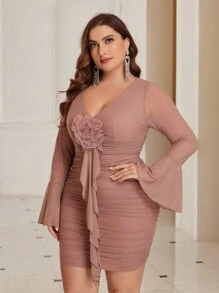 SHEIN Belle 3d Flower Pleated Dress Plus Size Dress - Dusty Pink - View 6
