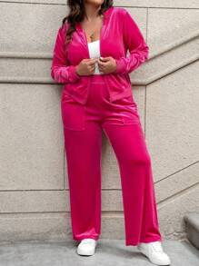 Calvaya Women's Plus Size Hooded Zipper Front Jacket And Wide Leg Pants Two Piece Set - Hot Pink - View 3