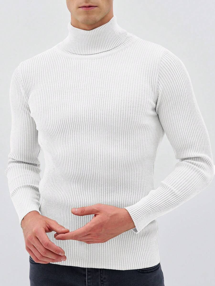 SHEIN Cottnline Men's Solid Color Turtleneck Cable Knit Sweater - White - View 1
