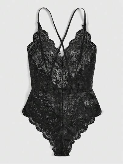 Sweetness Women's Sexy Deep V-Neck Lace Bodysuit Lingerie, Baddie Look