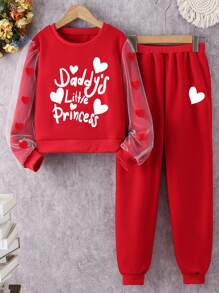 SHEIN Tween 女童红色爱心与字母图案网眼拼接套头衫和休闲裤两件套 - 紅色 - 查看 1