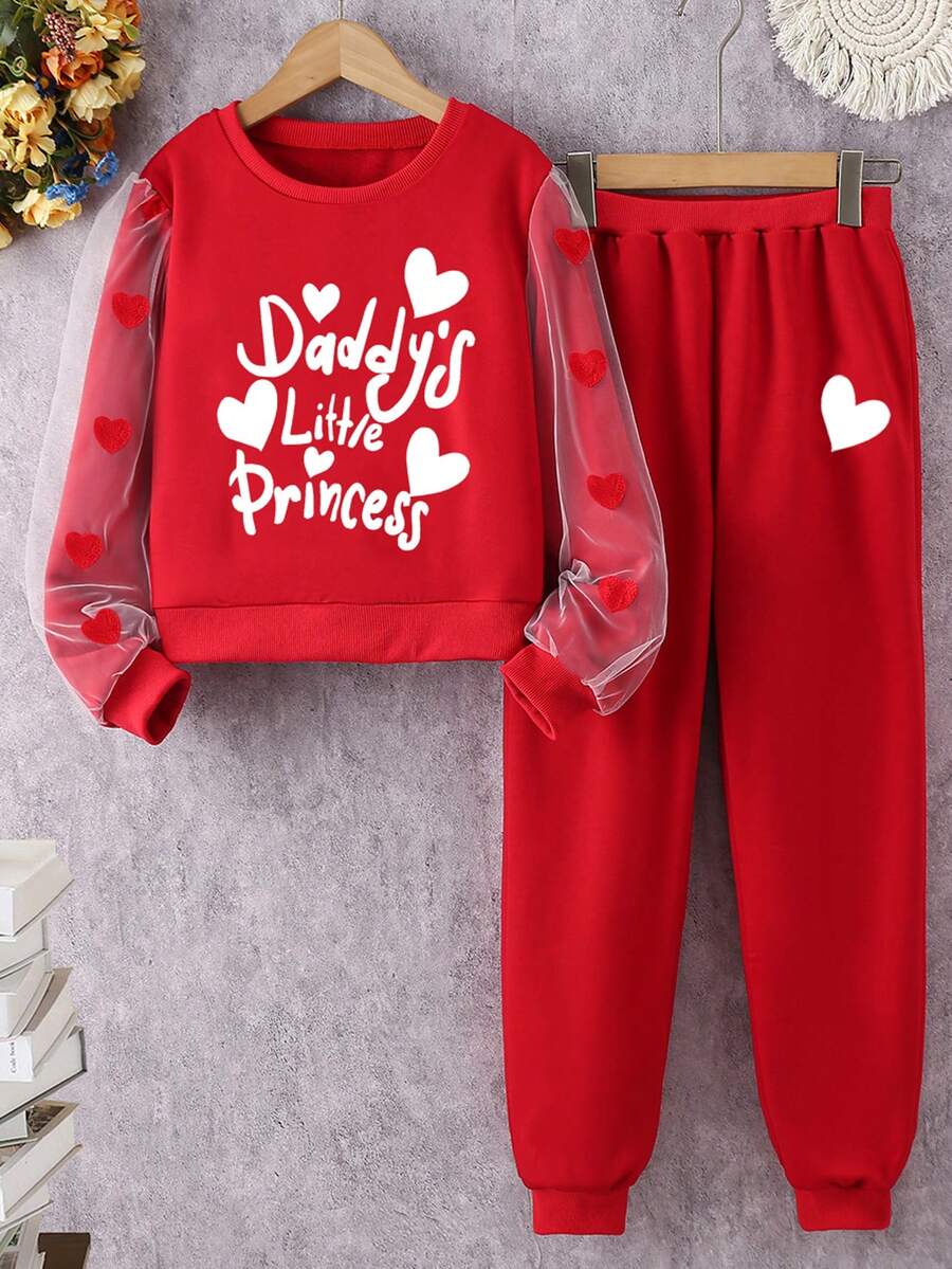SHEIN Tween 女童红色爱心与字母图案网眼拼接套头衫和休闲裤两件套 - 紅色 - 查看 1