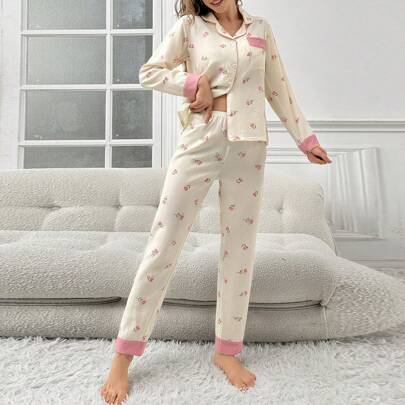 Women's Floral Printed Long Sleeve Long Pants Pajama Set