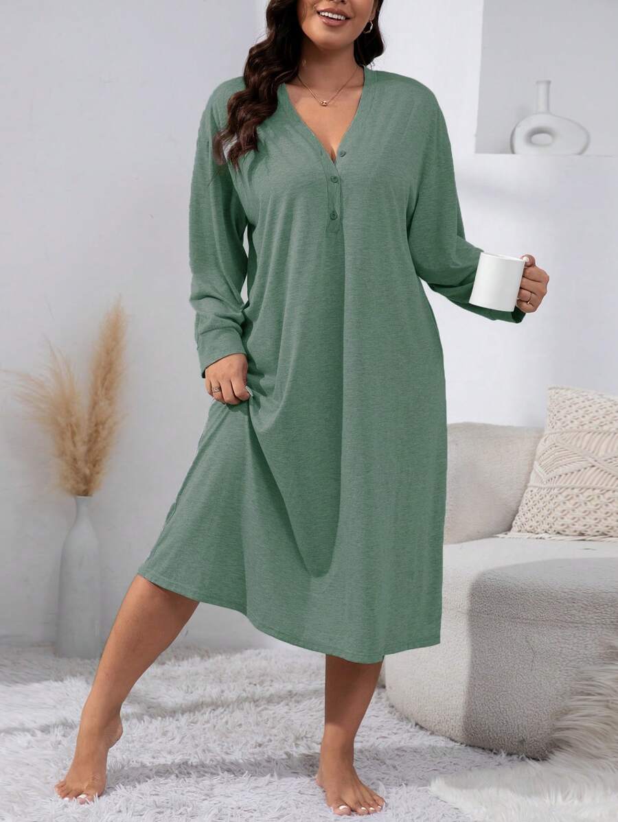 Casual Plus Size Solid Color V-Neck Loose Comfortable Pajama Night Dress Long Dress - Dark Green - View 1