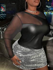 Slaydiva 大尺碼女性網格拼接pu上衣 - 黑色 - 查看 5