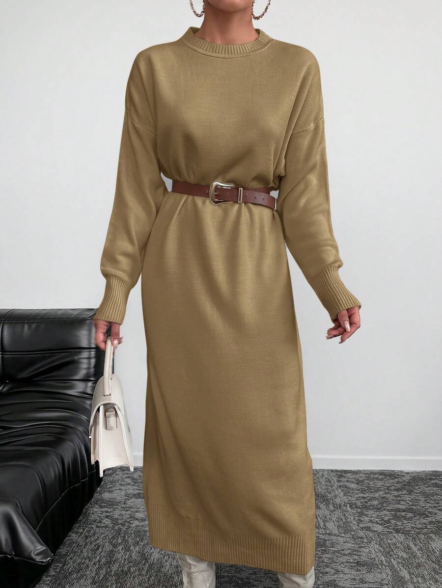 EURMUSE Round Neck Drop Shoulder Sleeve Sweater Dress Without Belt - Camel - View 1