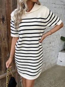 SHEIN Frenchy Vòng cổ Ngắn tay Đen & Trắng Sọc Đầm - Nhiều màu - Xem 1