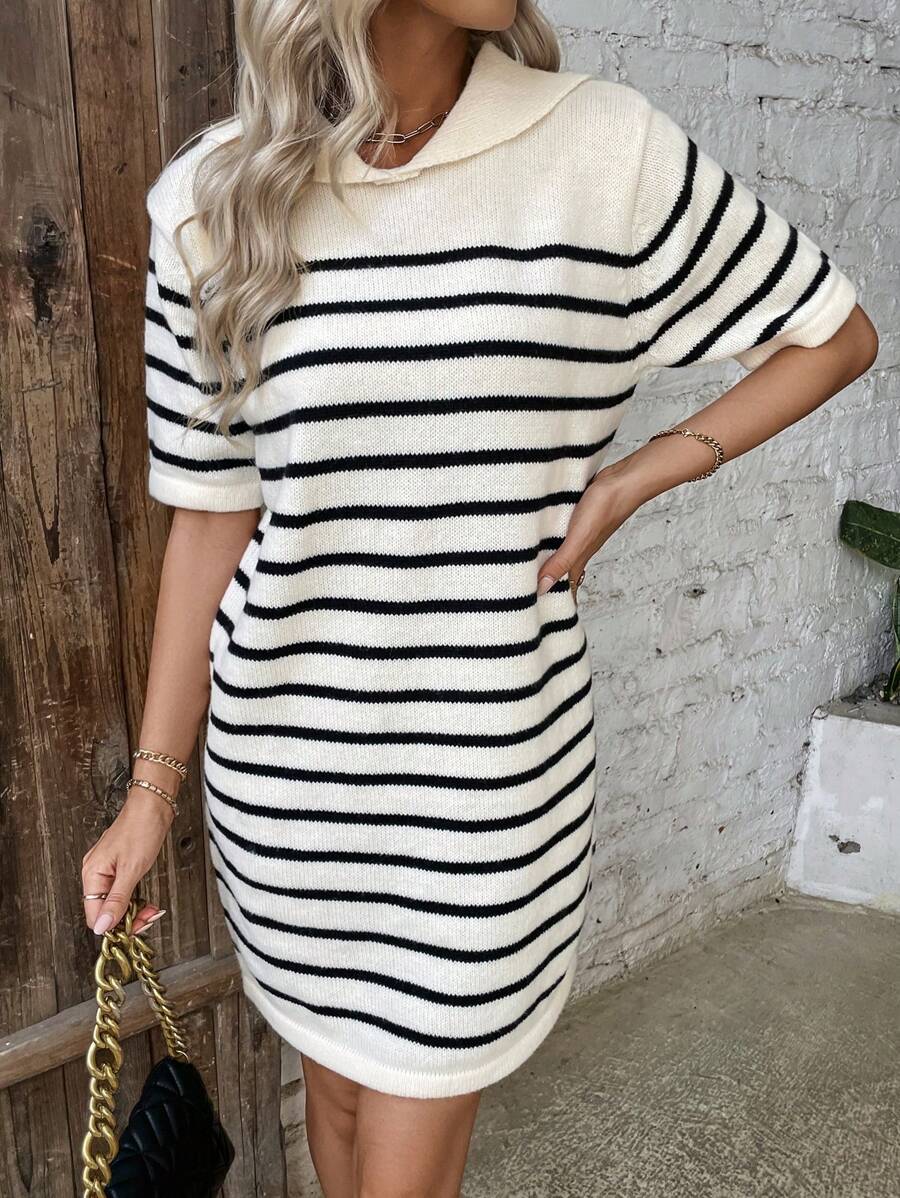 SHEIN Frenchy Vòng cổ Ngắn tay Đen & Trắng Sọc Đầm - Nhiều màu - Xem 1