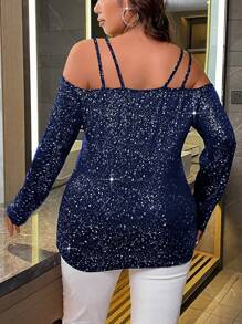 SHEIN Allurite 加大尺碼藍色露肩亮片腰帶鍊子時尚t恤 - 藏蓝色 - 查看 2