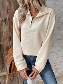 SHEIN LUNE Zipper Half Placket Drop Shoulder Sleeve Sweatshirt - Apricot - View 4