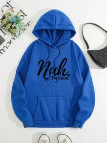 SHEIN LUNE 女字母印花抽繩連帽衛衣 - 藍色 - 查看 1