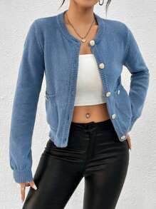 SHEIN Essnce Của phụ nữ Vòng cổ Tay áo dài Áo len Mở Áo len - Màu xanh lam - Xem 4