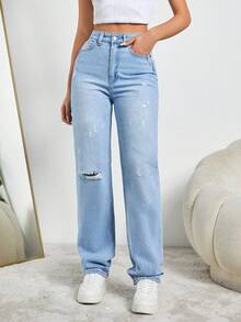EURMUSE Damen Jeans Mit Geradem Bein Und Zerrissenem Stil, Mit Schrägen Taschen - Mittele Waschung - Übersicht 4