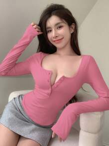 DAZY Solid Color Square Neck Long Sleeve T-Shirt,Fall Clothes - Pink - View 5