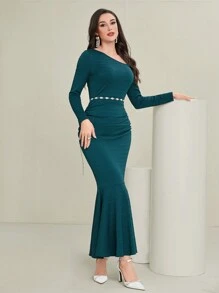 Modelyn Đầm dài tay cổ chữ V đuôi cá bất đối xứng cho nữ - màu xanh lá - Xem 1