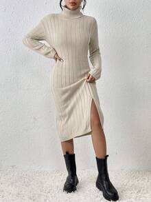 SHEIN Frenchy 女款純色高領修身開腳毛衣洋裝(無腰帶) - 卡其色 - 查看 4