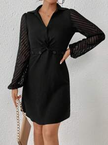 SHEIN Frenchy Women's Mesh Lantern Sleeve Dress Winter Elegant Black Evening Dress - Black - View 4