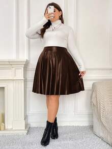 SHEIN Frenchy Plus Size High-Waisted Pu Leather Flared Skirt - Coffee Brown - View 5