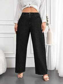EURMUSE Plus Size  Solid Color Straight Leg Jeans - Black - View 5