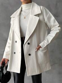 SHEIN PETITE Lapel Double-breasted Woolen Coat - White - View 5