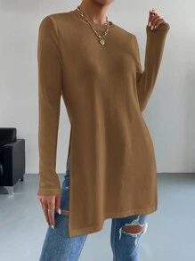 SHEIN Essnce 女士純色圓領分割式下擺長袖t恤 - 摩卡棕 - 查看 7
