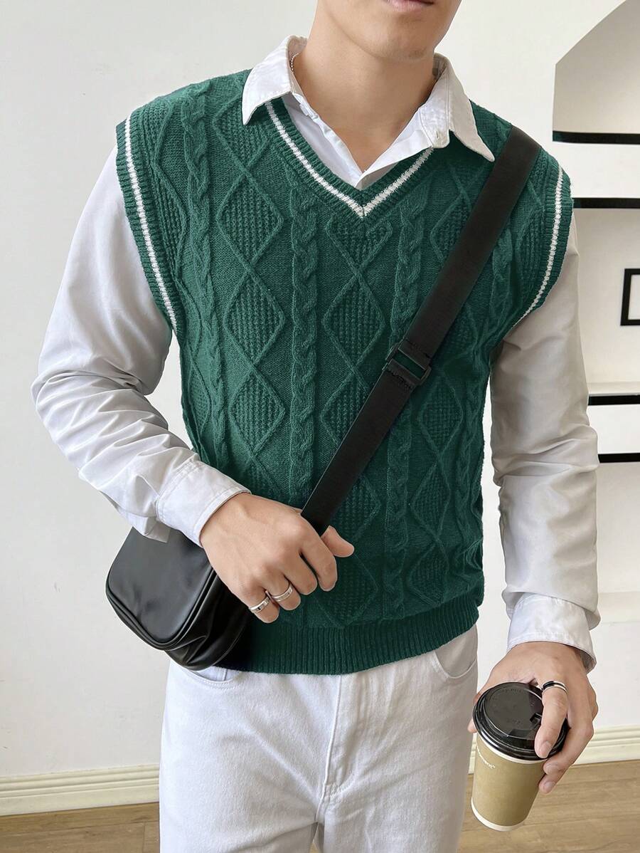 Manfinity RebelGame 男士1件條紋針織毛衣背心 - 綠色 - 查看 1