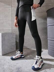 Teen Boys Sports & Outdoor Tight Pants With Pocket, White, High Elasticity, Free Stretching, Fashionable, Versatile, Classic, For Running, Cycling, Hiking, Indoor Exercise, Comprehensive Training - Black - View 1