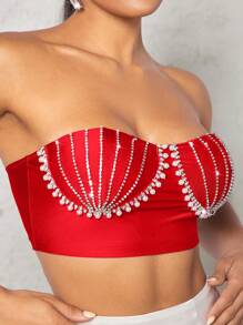 SHEIN BAE 鑽石鑲嵌無肩帶短上衣 - 紅色 - 查看 5