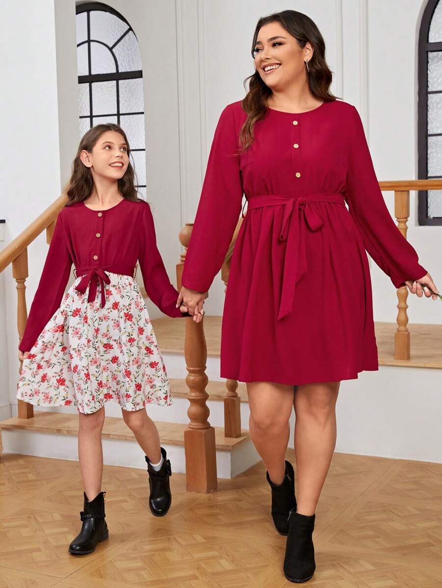 SHEIN LUNE Plus Size Women's Round Neck Long Sleeve Dress With Belt - Red - View 1