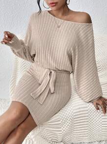 SHEIN Frenchy Crochet Patchwork Lantern Sleeve Dress Winter Casual - Apricot - View 4