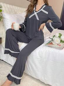 Women's Comfortable Lace Trim Loose Pajama Set - Dark Grey - View 1