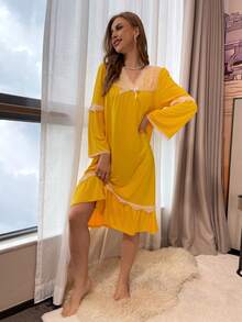 Women's Lace Splicing Frilled Hem Sleep Dress - Yellow - View 5