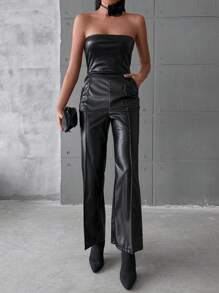 EURMUSE Women's Pu Leather Jumpsuit - Black - View 1