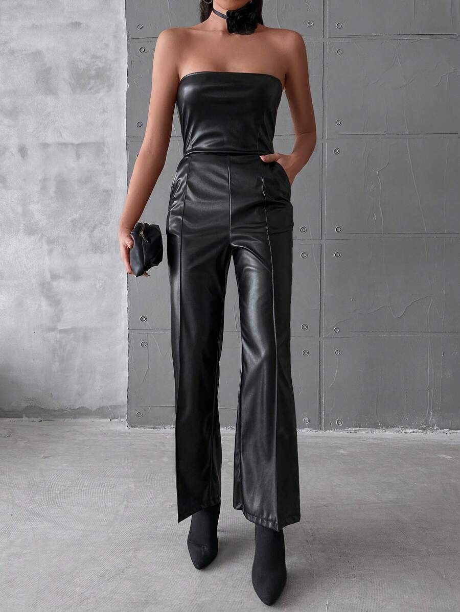 EURMUSE Women's Pu Leather Jumpsuit - Black - View 1