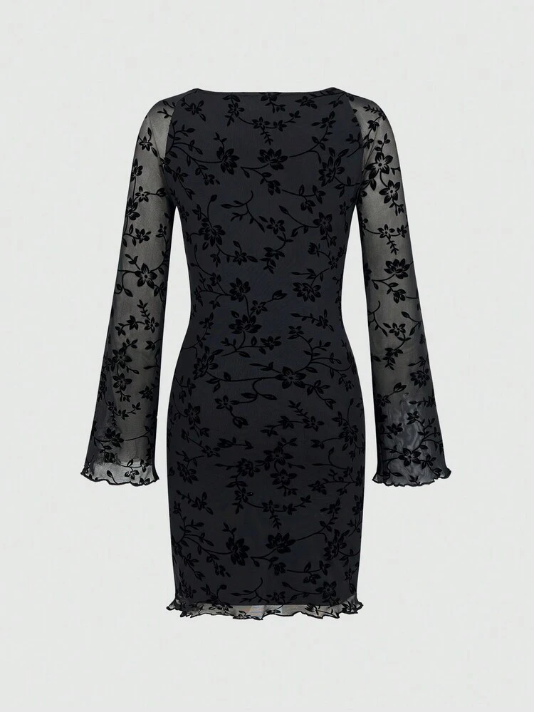 Ladies' Floral Print Lettuce Trim Raglan Sleeve Dress