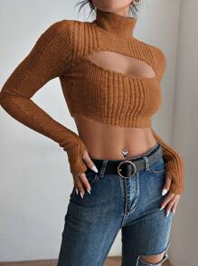 Allurite Hollow High Collar Long Sleeve Ultra Short T-shirt - Coffee Brown - View 5