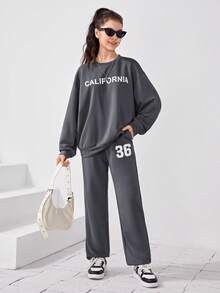 SHEIN Teen Girls' Knitted Solid Color Letter Pattern Sweatshirt And Pants Casual Two Piece Set - Grey - View 3