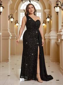 SHEIN Belle Plus Size Women's Evening Dress With Beaded Patchwork, Dramatic Train And Cascade Formal Dress - Black - View 7
