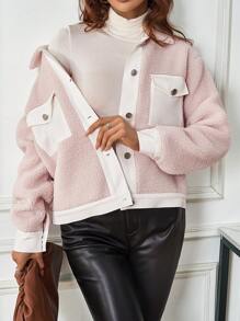 SHEIN LUNE Chaqueta Delantera Con Botones Y Cuello De Solapa De Color En Contraste Para Mujer Con Bolsillos Con Solapa - Púrpura polvoriento - Ver 3