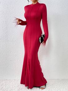 Chiquease Elegant Hollow Out Back & Feathers Spliced Sleeve Cuff Women's Bodycon Dress Fall Cloth For Women