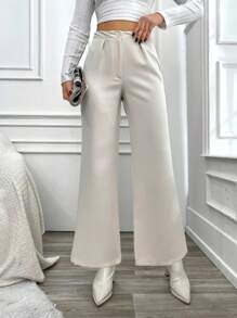 SHEIN Pantalones Anchos De Color Liso Para Mujer - Beis - Ver 1