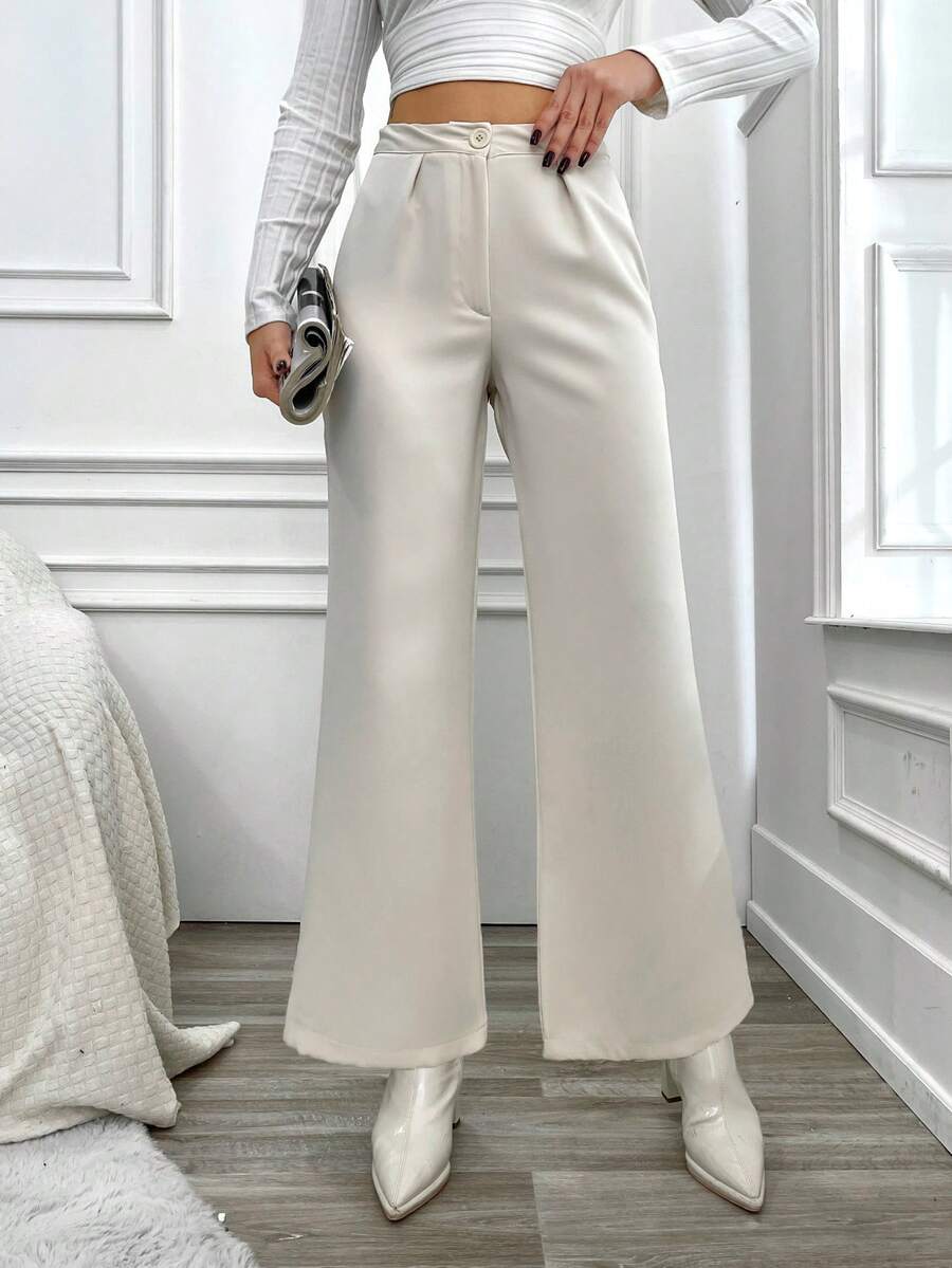 SHEIN Pantalones Anchos De Color Liso Para Mujer - Beis - Ver 1