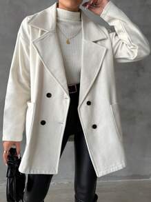SHEIN PETITE Lapel Double-breasted Woolen Coat - White - View 4