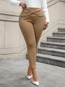 Calvaya 女性加大尺碼純色扭扭腰打結褲襪 - 駝色 - 查看 1