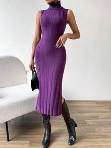 SHEIN Privé Của phụ nữ Màu thuần Cổ cao Không tay Viền chia cắt Đầm Áo len - Màu tím - Xem 4