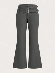 SHEIN ICON Solid Belted Flare Leg Pants