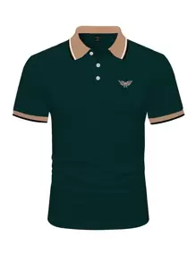 Manfinity Homme Men's Casual Printed Polo Shirt With Contrast Edge - Dark Green - View 3