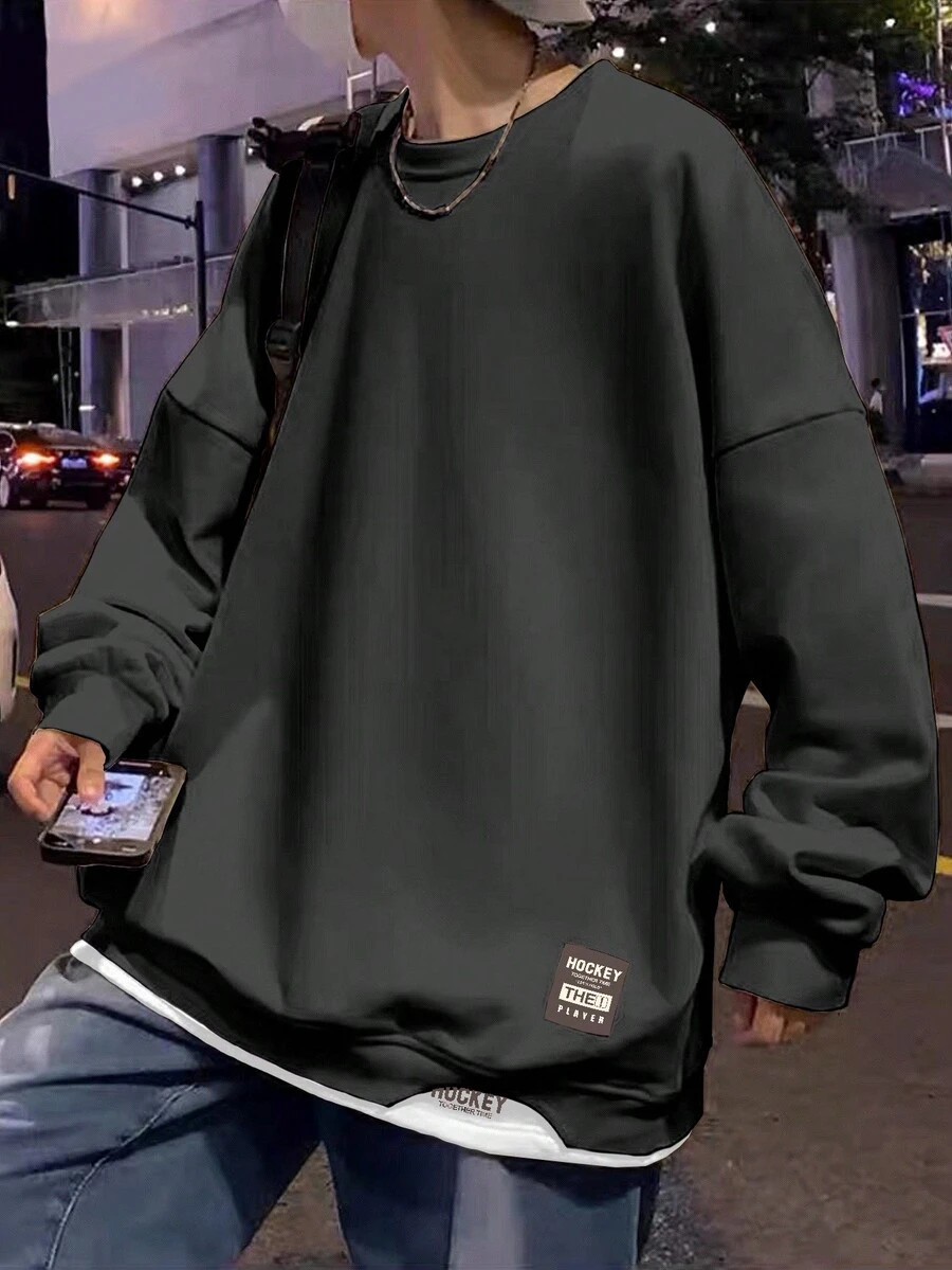 Men's Solid Color Drop Shoulder Sweatshirt - Black - View 1