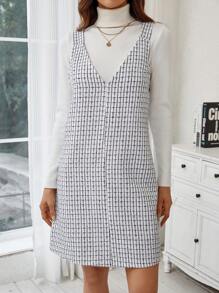 SHEIN LUNE 女式格紋連身裙 - 白色 - 查看 1